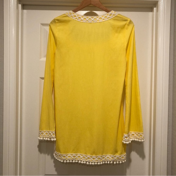 SEATON Retro Yellow Tunic Beach Pool Coverup 100% Cotton PomPon Fringe Size M - Picture 4 of 15
